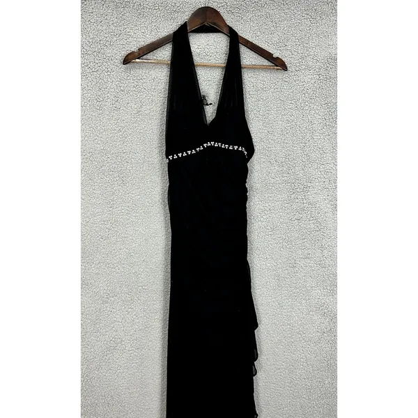 Cache Halter Maxi Dress‎ Womens 2 Black Rhinestone Ruched Y2K Formal Prom Gown - Image 3
