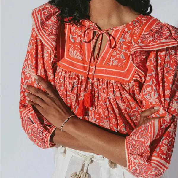 CLEOBELLA Mylah Blouse block print orange/red/white organic cotton top size xs - Image 2