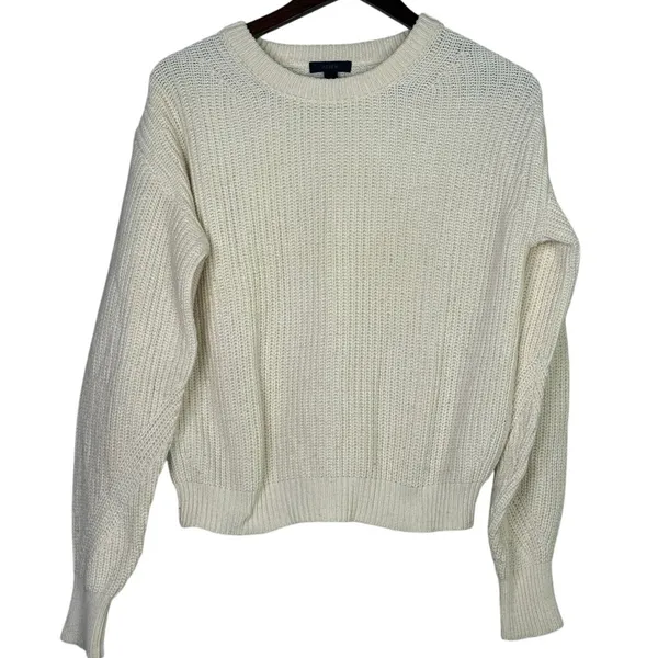 J. Crew Wool Blend Cable Knit Relaxed Fit Long Sleeve Crew Neck Sweater XS Cream - Image 12