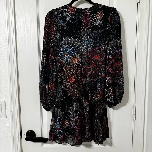 Farm Rio Sparkle Flowers Mini Dress Floral Print Circle Cut-Out Size XS - Image 5