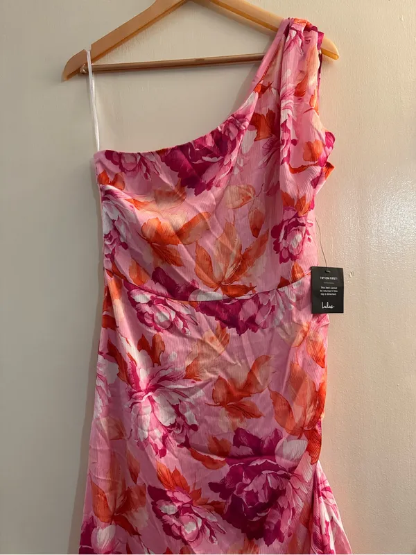 NWT Lulus Divinely Blooming Pink Multi Floral One-Shoulder Midi Dress Large - Image 4