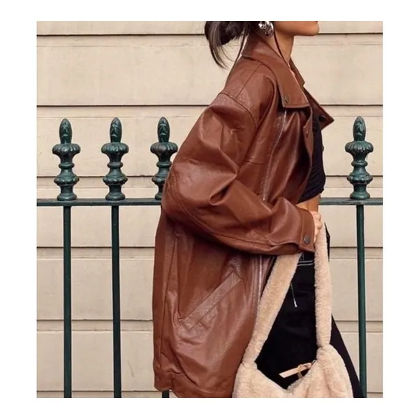 Princess Polly - Next In Line Faux Leather Oversized Biker Jacket in Brown - Image 4