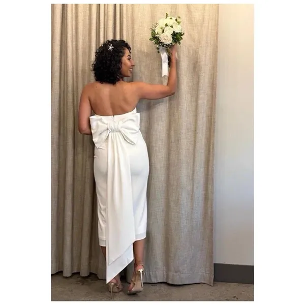 Lulus Fabulous Phenomenon White Strapless Bow Midi Dress Size XS Bridal Zip - Image 3