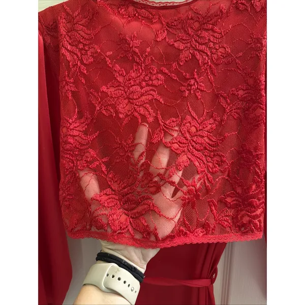 Vintage Samye Robe Red Nylon Lace Trim Pockets Lingerie Victorian‎ Romantic Sz M - Image 6