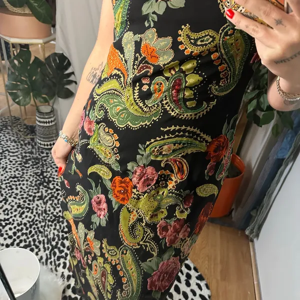 Vintage Floral Paisley Sequin Midi Sheath Dress Black Medium - Image 4