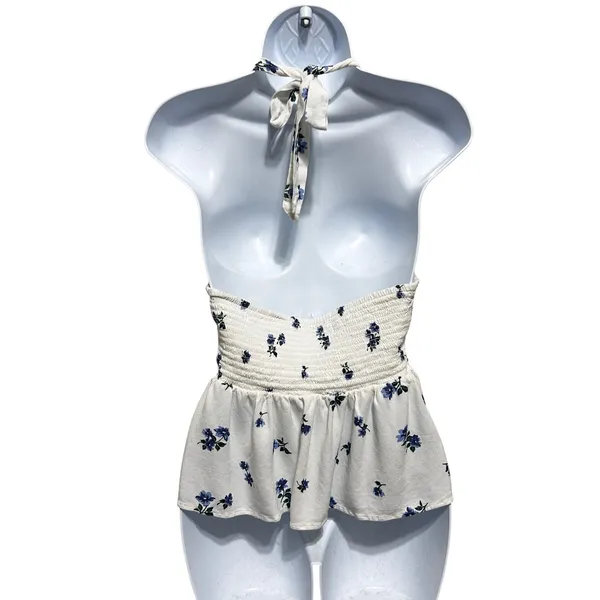 American Eagle Women Cottage Boho Halter Top‎ M White Floral Peplum Coquette Y2K - Image 2