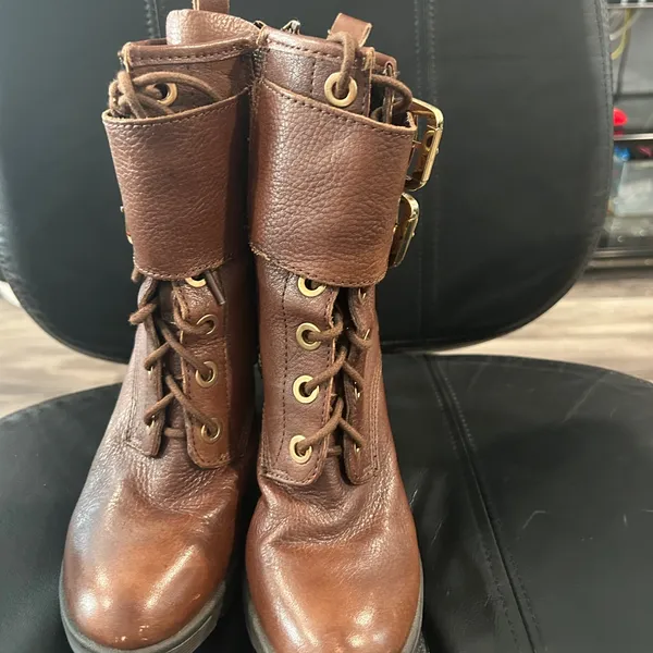 Guess Brown Leather Ankle Boots with Gold Buckle lace up. Read description. - Image 3
