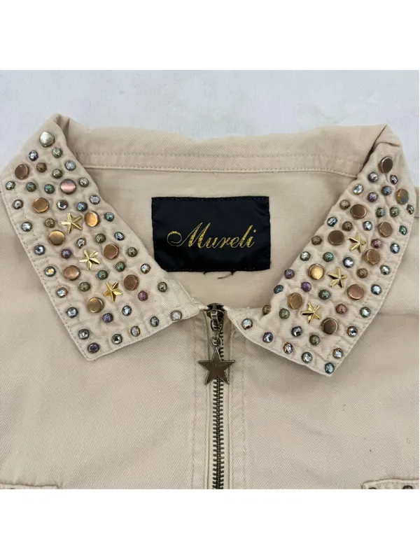 Vintage 90s Beaded Jacket 90s Rhinestones Studs Stars Zip Front Size XL-XXL - Image 3