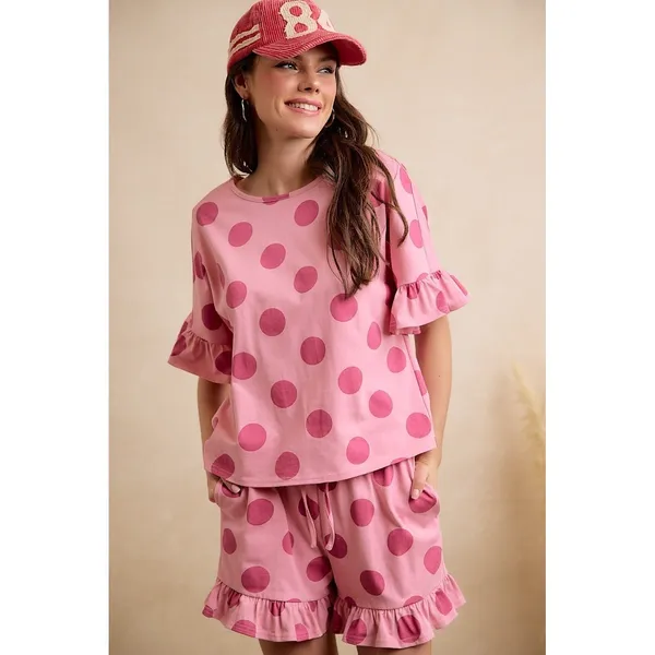 BiBi Polka Dots Printed Ruffled Detail Top And Shorts Set -‎ Blush/Pink - Medium - Image 8