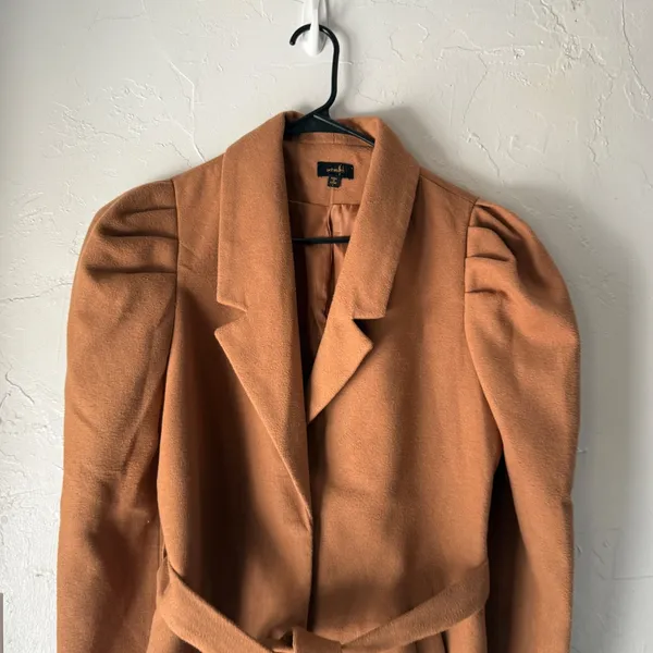 Ontwefth Tan Brown Belted Coat Womens Size S Puffy Sleeves Lined Long Preppy‎ - Image 2