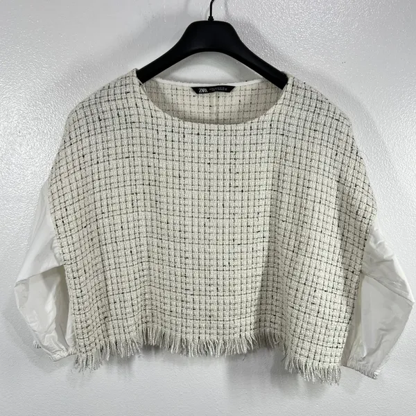 Zara Tweed Fringe Boxy Crop Top White Black Check Balloon‎ Sleeve Blouse XL New - Image 3