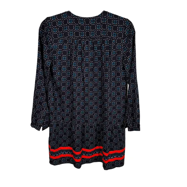 Loft Petite Navy Blue Medallion Print Shift Dress Coral Border SP Long‎ Sleeve - Image 2