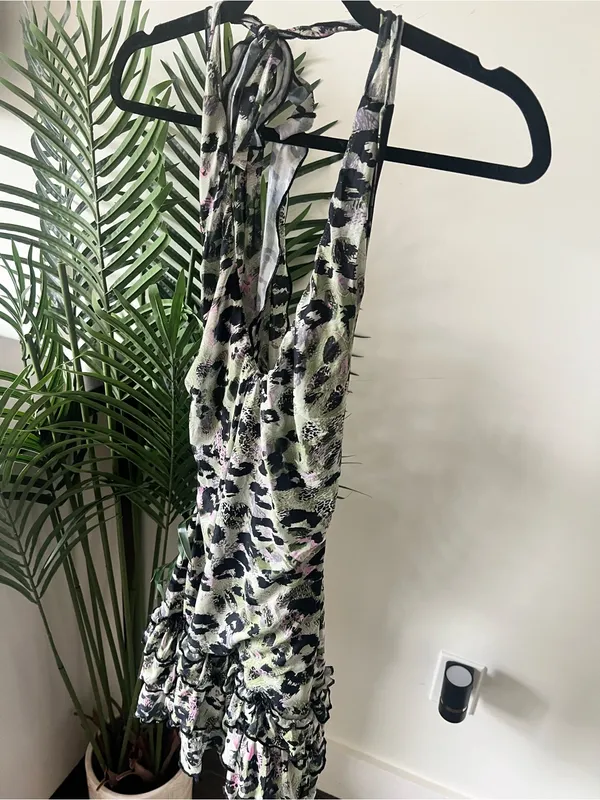 Halter Neck Ruffle Mini Dress - Green Leopard Print - Image 2