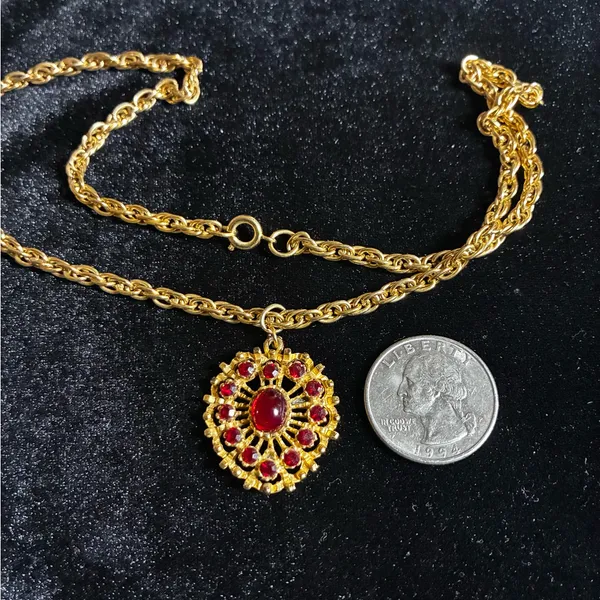 Vintage gold-tone necklace with a red crystal and cabochon pendant. 18” - Image 3