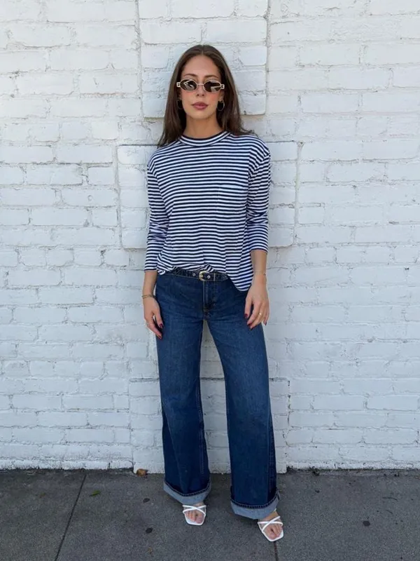 Garnet Hill white & navy striped long sleeve top Sz M 100% cotton #stripes #nautical - Image 2