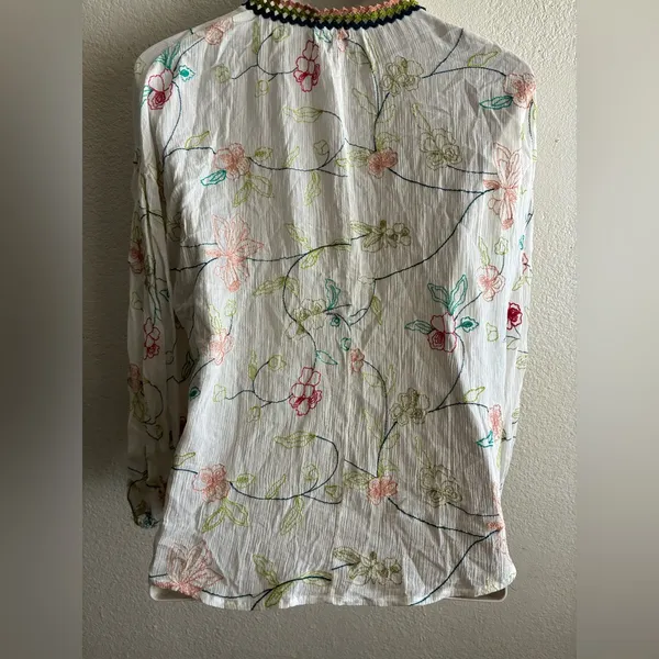 Zara Embroidered Tassel Tie Ivory Peasant Blouse L - Image 5