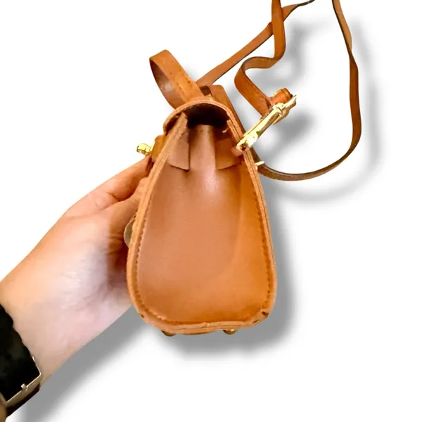 Mini Brown Crossbody Bag Floral Applique Gold‎ Lock Women’s Adjustable Strap - Image 3