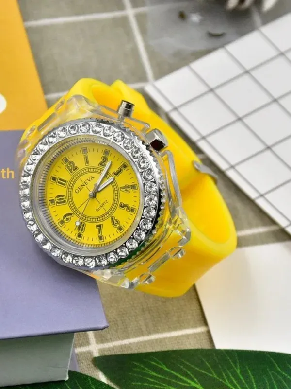 LED Light Up Analog Wrist Watch Yellow Band Crystal Bezel Fashion Gift Unisex - Image 3