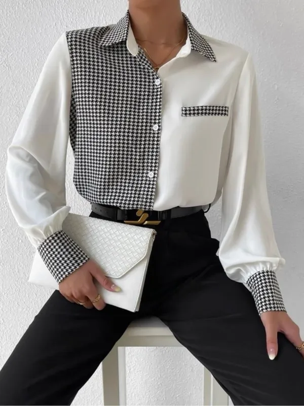 Shein Women's Two-Tone Houndstooth Contrast Button-Up Shirt - White/Black - Image 2