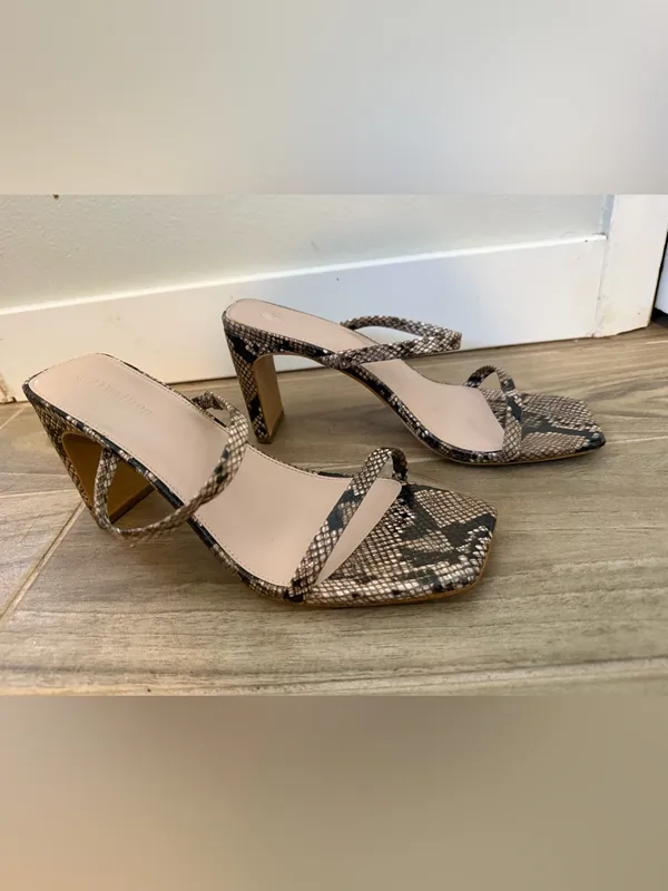 Snake-Print Strappy Block Heel Sandals in Beige/Black - Image 2