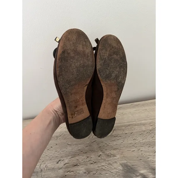 Escada Brown Suede Bow Ballets Flats Gold 37.5 Size 7.5 - Image 6