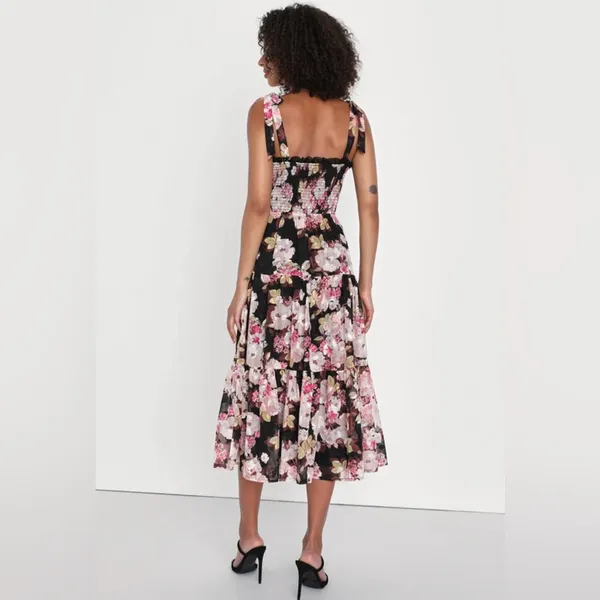Lulus Wowing Wonder Black Floral Jacquard‎ Smocked Tie-Strap Tiered Midi Dress - Image 4