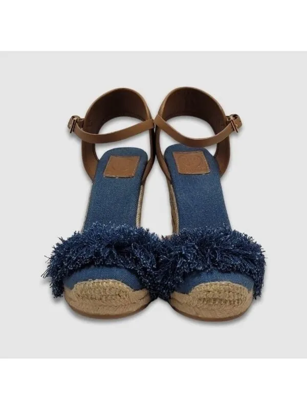 Tory Burch Wedge Espadrille Shaw Blue Denim Fringe Ankle Strap Sandals Size 8.5 - Image 2