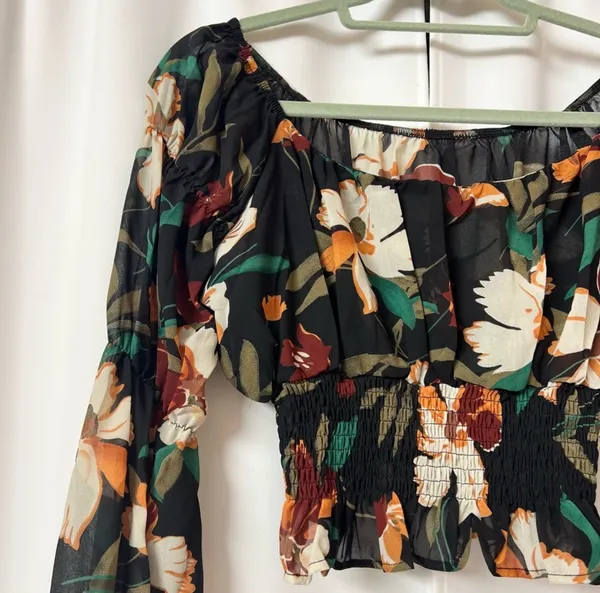 Black Square Neck Cottagecore Floral Chiffon Blouse With Ruffle Sleeves Top - Image 2