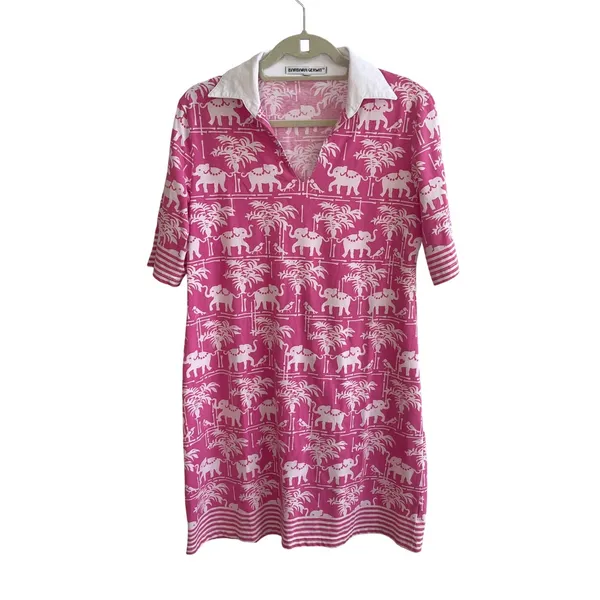 Barbara Gerwit Elephant Palm Tree Tunic Dress Womens M Pink Preppy Resort Knit - Image 3