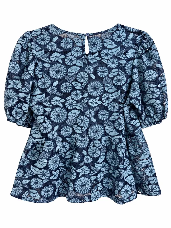 NWOT Dolan Anthropologie Blue Floral Lace Peplum Puff Sleeve Blouse - Image 3