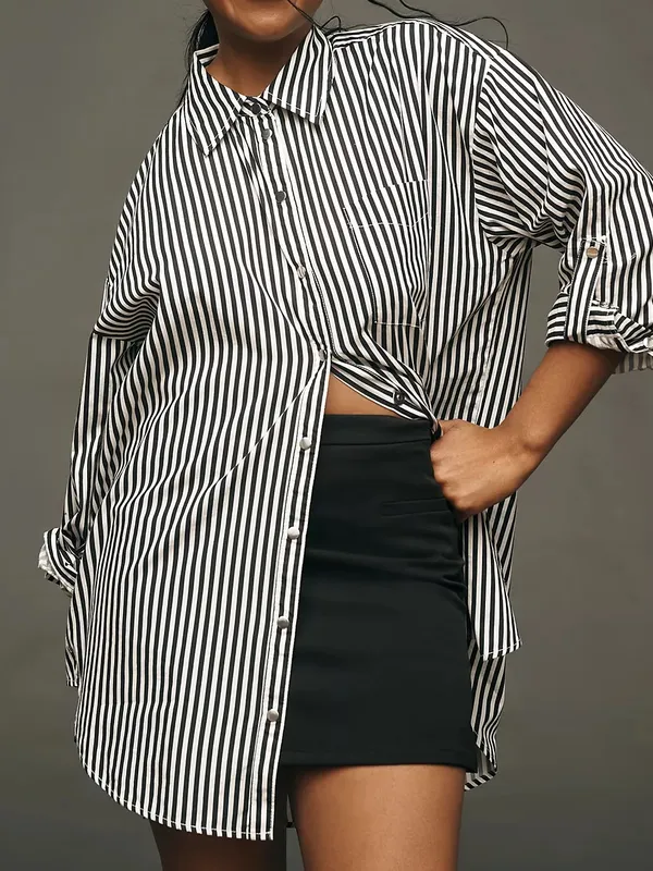 MAEVE 100% Cotton Bennet Stripe Buttondown Shirt in green and white - Image 2