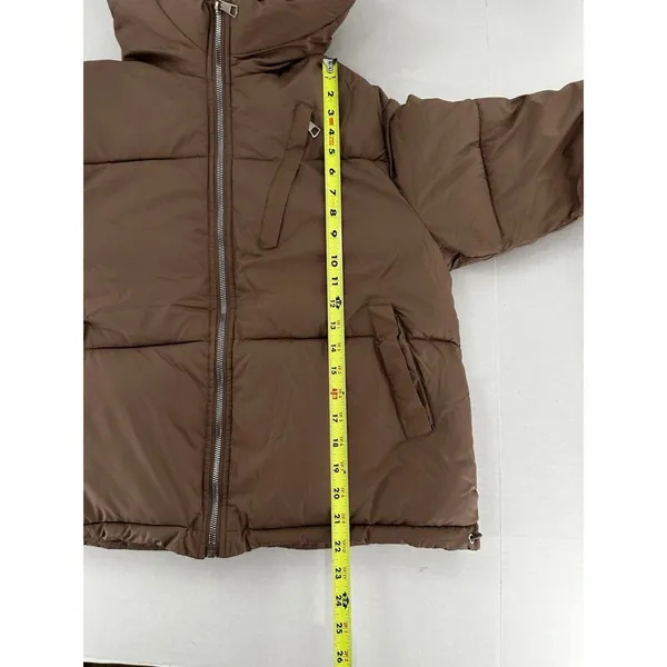 Shein Puffer Coat Jacket Sz L Brown Minimalist Trendy High Neck Normcore - Image 10