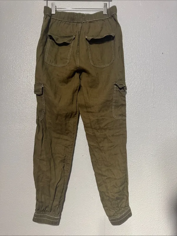 Nicole Miller Linen Cargo Jogger Pants Olive Green Sz S European Flax Contrast - Image 3