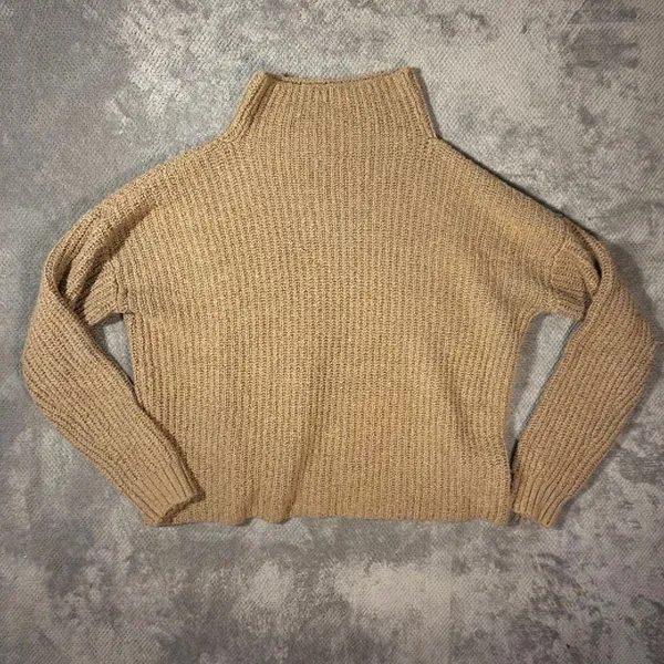 Anthropologie Medium Beige Chunky Knit Mock Neck Sweater Oversized Boxy Pullover - Image 8