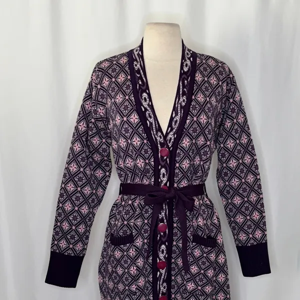 COSY WOOL‎ by Elson Purple Geometric Cardigan Sweater Belted Tie Waist Size 38 - Image 3