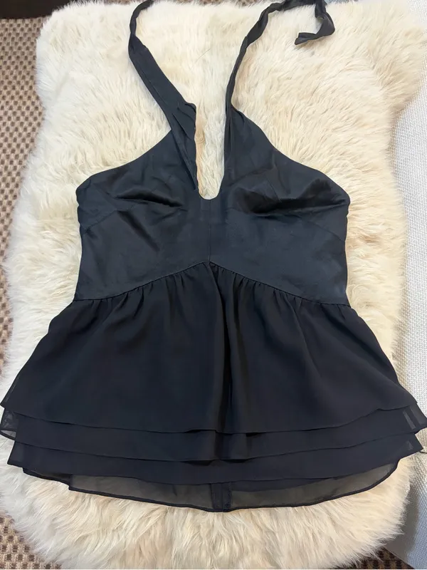Y2K Bebe Mulberry Silk Black Halter Top Peplum Ruffle Layered Bustier Going Out - Image 2