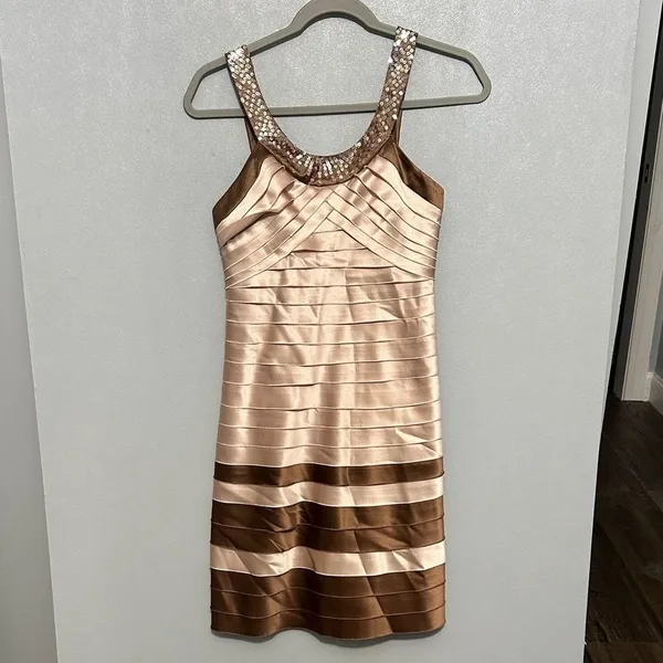 BCBGMAXAZRIA Women Dress Sequin Neck Tiered Satin Bandage Bodycon Gold Brown XS - Image 2