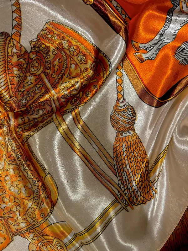 VINTAGE Equestrian ivory/ORANGE Horses&Tassels Print silky Scarf 35’/35’ - Image 18