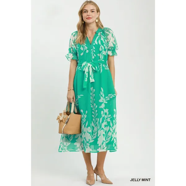 Umgee Floral Print Tie Waist Midi Dress with Side Pockets - Jelly Mint - Medium - Image 5