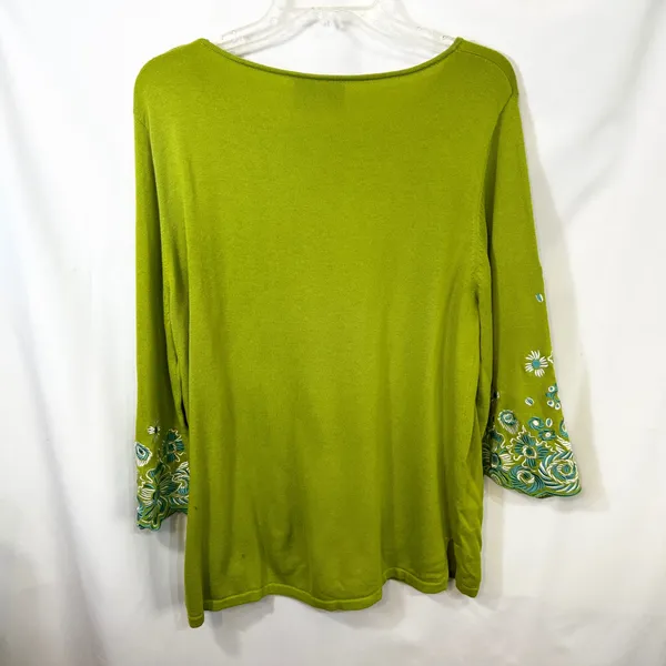 Bob Mackie Large Top Green Floral Embroidered‎ Sweater Bell Sleeve Fairy 1814 - Image 2