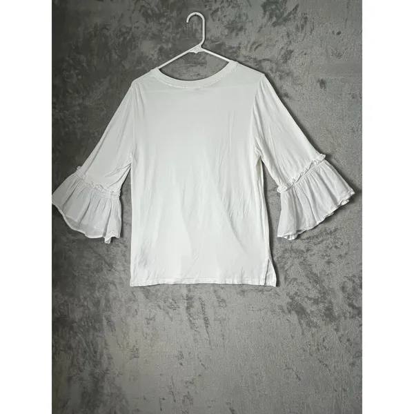 Kobi Halperin White 3/4 Flounce Ruffle Bell Sleeve Crewneck Pullover Blouse S - Image 3
