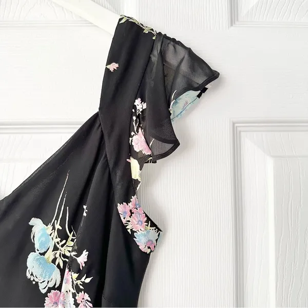 Evan Picone Black Floral 90s V Neck Flutter Sleeve Midi Sun Dress 10P Lined - Image 8