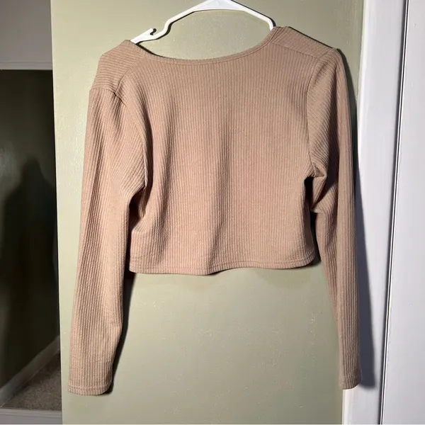 Divided H&M Women's Size Large Cropped Knit Top Cardigan Beige Ribbed Tie Front‎ - Image 6