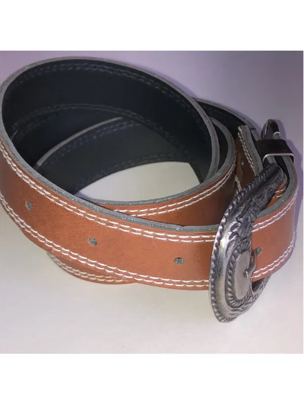 Brown Faux Leather Belt with Decorative Silver Buckle - Image 4