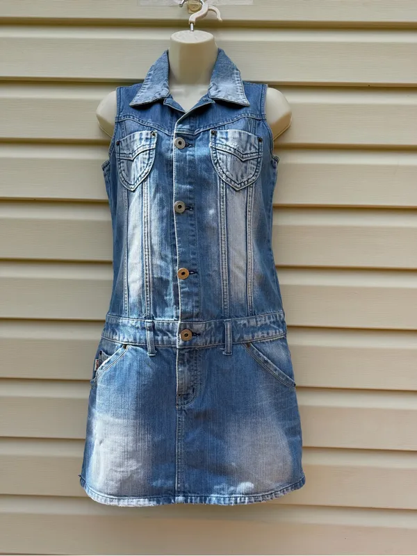 CCIOL Denim Sleeveless Mini Dress Women’s M Blue Button Front 100% Cotton - Image 2
