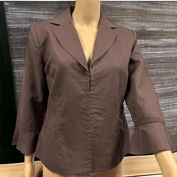 Oscar De La Renta Linen Brown 3 Quarter Bell Sleeve Hook Front Top Jacket Size 8 - Image 7