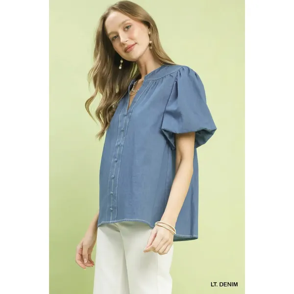 Umgee Denim Button Front Puff Sleeve Boho Blouse - Large - Image 2
