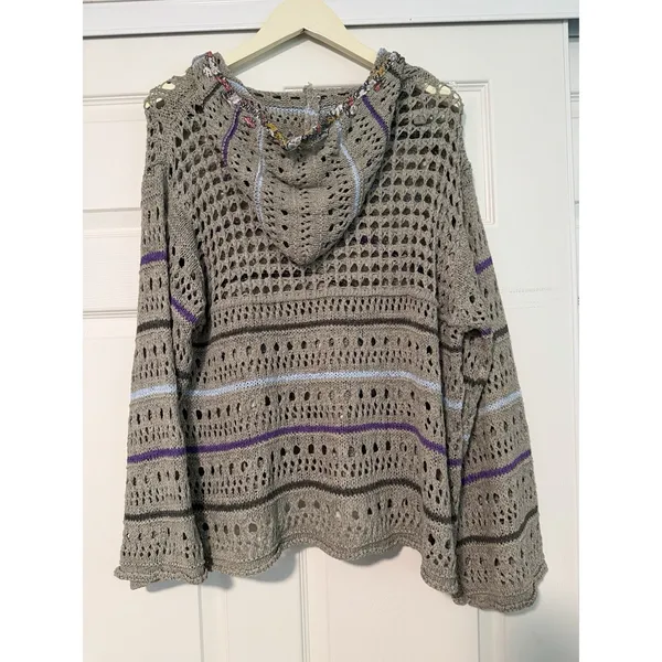 POL Crochet Open Knit Hoodie Gray Boho Mesh Sweater Cottagecore Granola Bohemian - Image 2