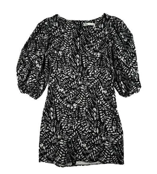 Zara Dress Womens Medium Black White Printed Kacy Puff Sleeve Mini Neutral Party - Image 2