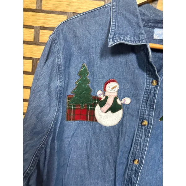 Holiday Editions Denim‎ Snowman Embroidered Button Down Shirt Size 1X - Image 3